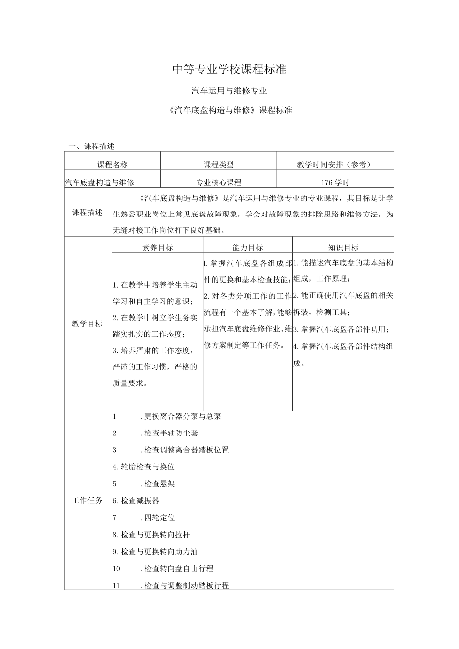 《汽车底盘构造与维修》-课程标准.docx_第1页