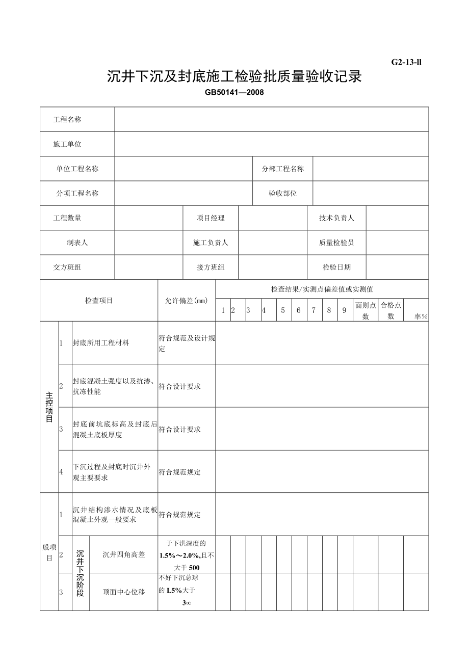 G2-13-11沉井下沉及封底施工检验批质量验收记录.docx_第1页