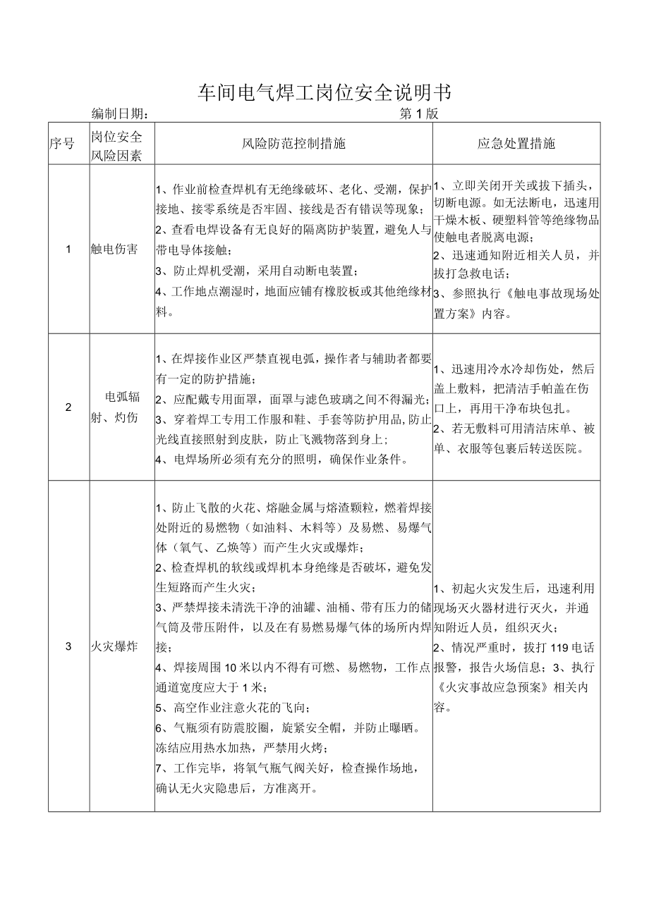 54生产车间电气焊工岗位安全说明书.docx_第1页