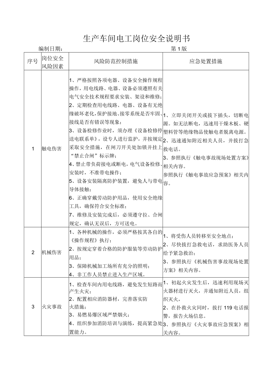 55生产车间电工岗位安全说明书.docx_第1页