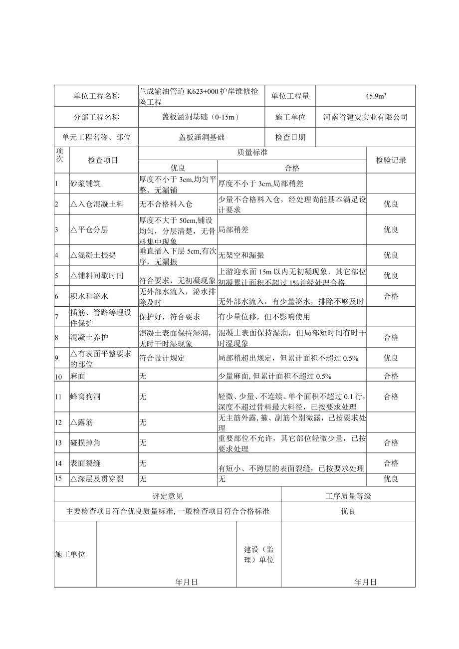 2.07混凝土浇筑工序质量评定表.docx_第1页