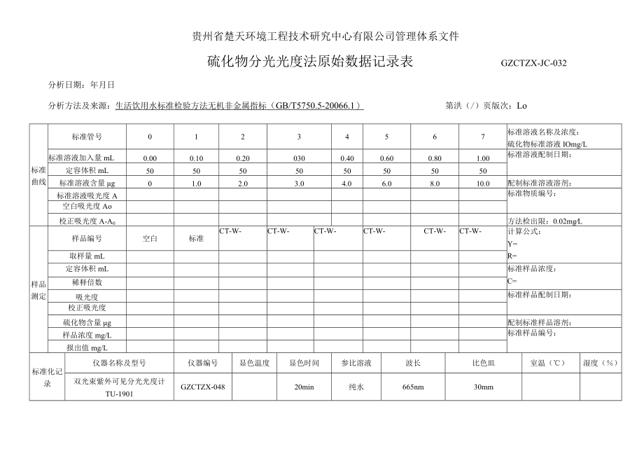 GZCTZX-JC-032-硫化物对苯二胺分光光度法分析原始数据记录表.docx_第1页