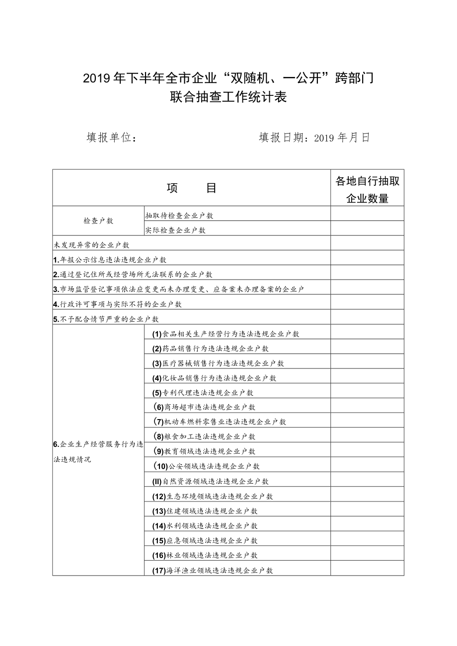 2019年下半年全市企业“双随机、一公开”跨部门联合抽查工作统计表.docx_第1页