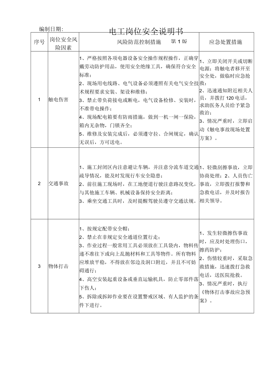 31电工岗位安全说明书.docx_第1页