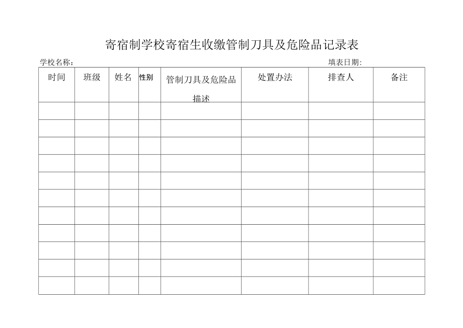 住校生收缴管制刀具及危险品记录表.docx_第1页