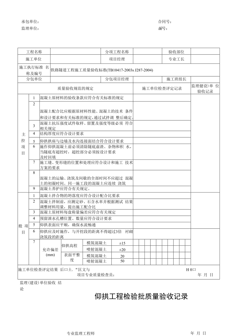 仰拱工程检验批质量验收记录.docx_第1页