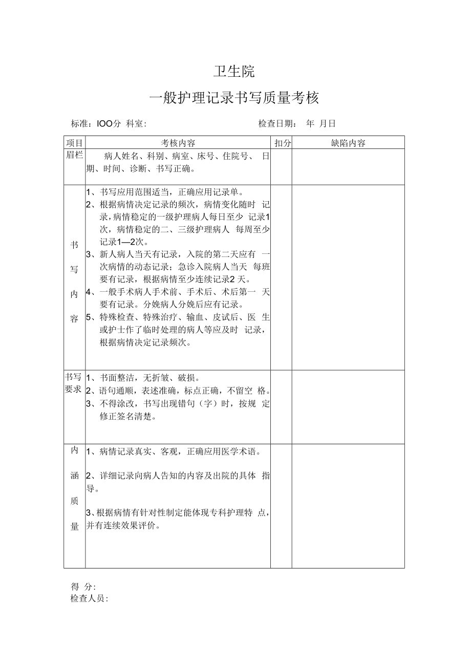 一般护理记录书写质量考核标准.docx_第1页