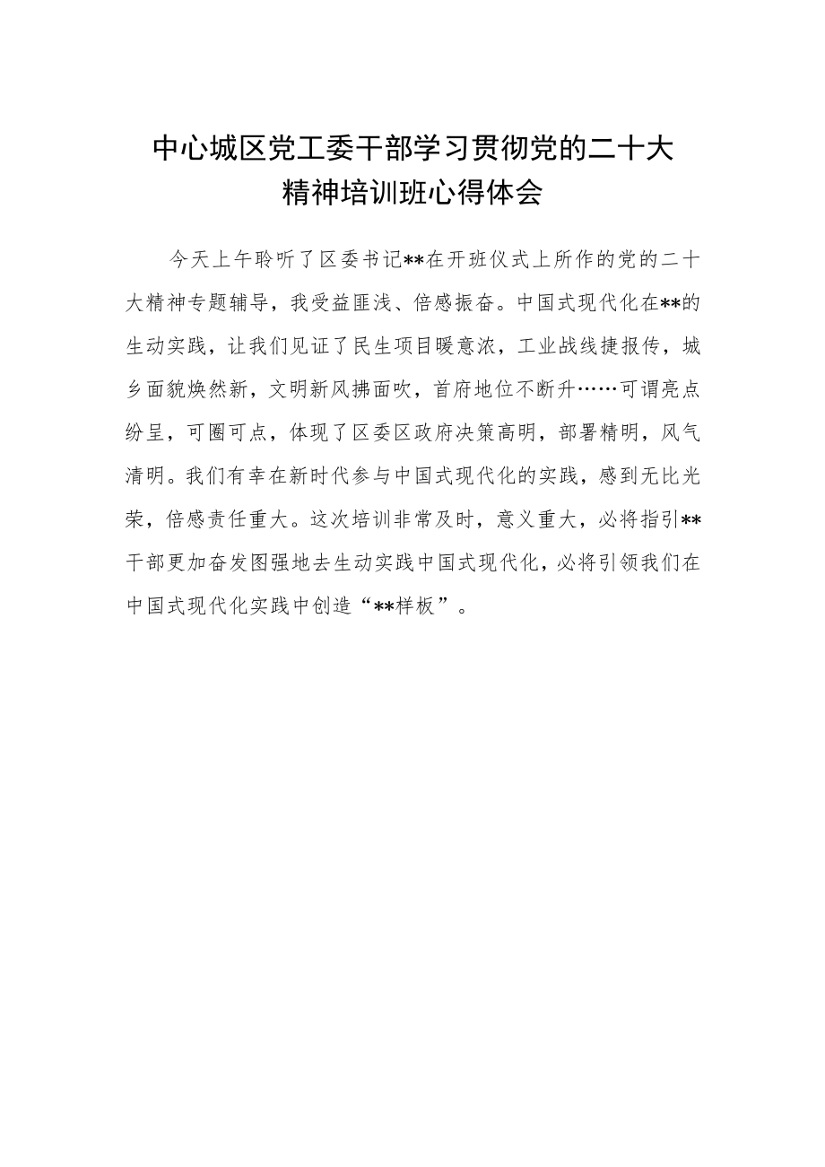 中心城区党工委干部学习贯彻党的二十大精神培训班心得体会.docx_第1页