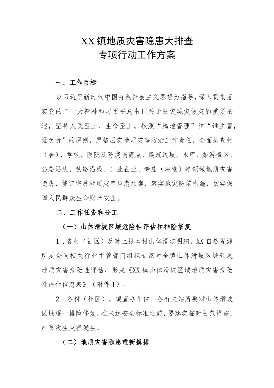 XX镇地质灾害隐患大排查专项行动工作方案.docx_第1页