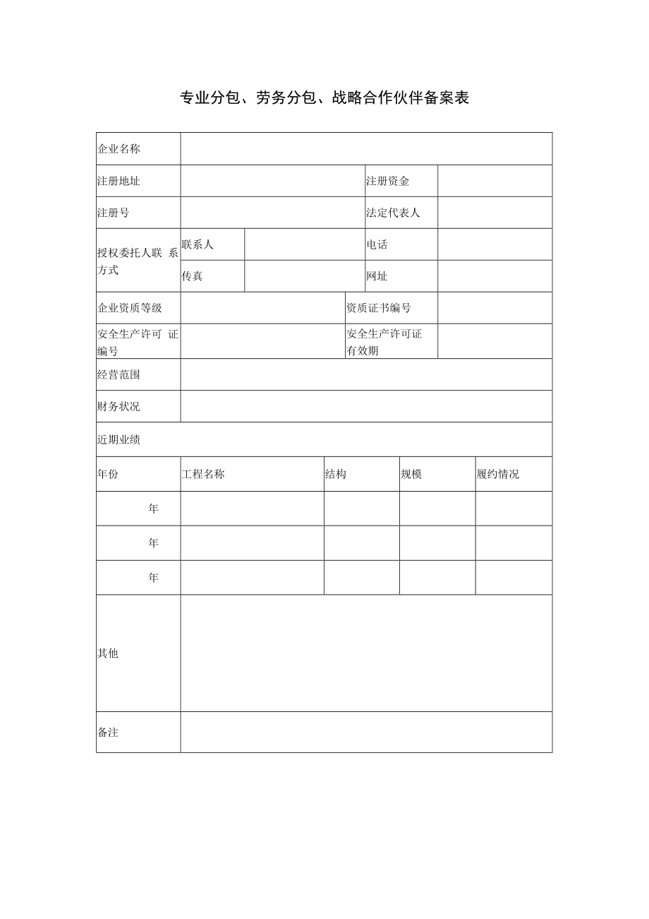 专业分包、劳务分包、战略合作伙伴备案表.docx_第1页