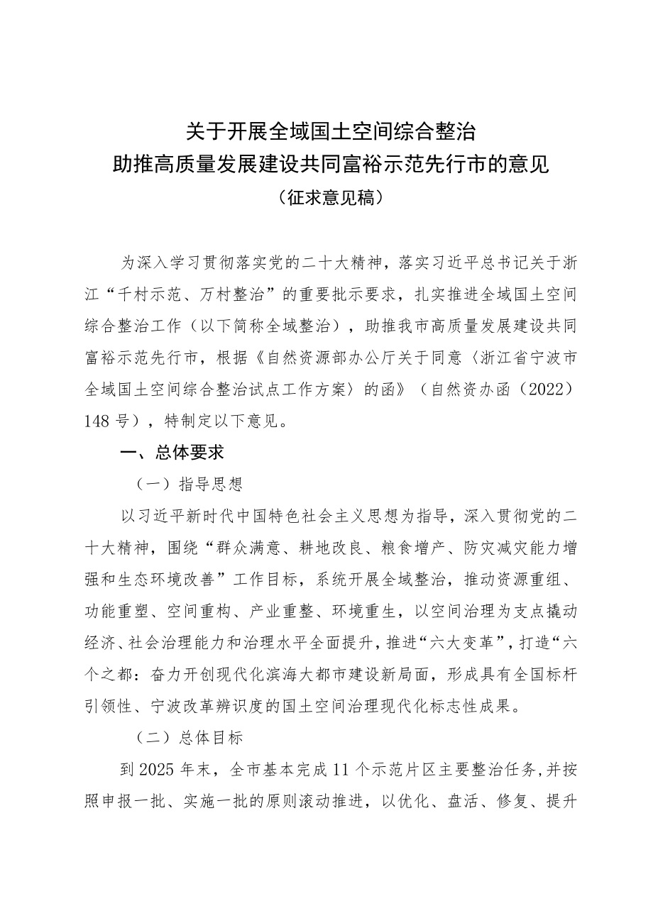 关于开展全域国土空间综合整治助推高质量发展建设共同富裕先行市的意见.docx_第1页