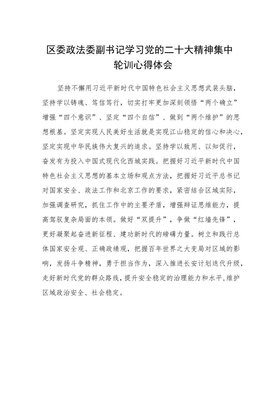 区委政法委副书记学习党的二十大精神集中轮训心得体会.docx_第1页