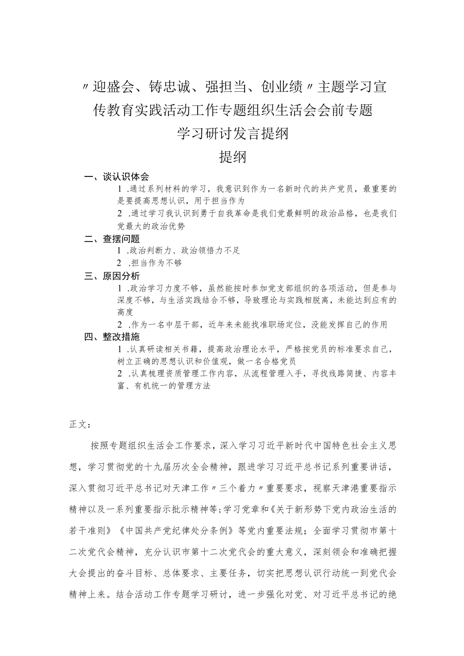 “迎盛会、铸忠诚、强担当、创业绩”主题学习宣传教育实践活动工作专题组织生活会会前专题学习研讨发言提纲.docx_第1页