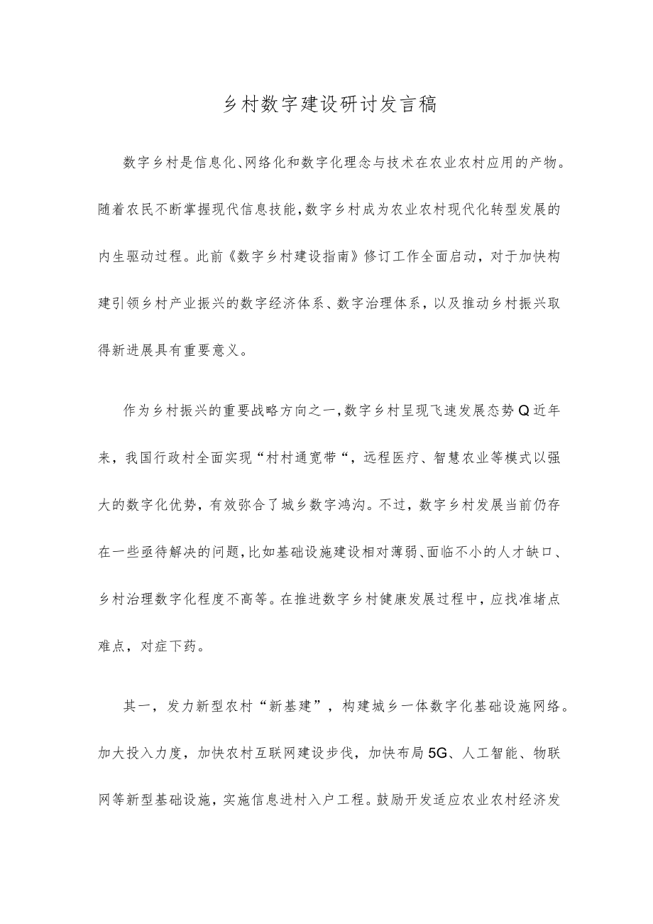 乡村数字建设研讨发言稿.docx_第1页