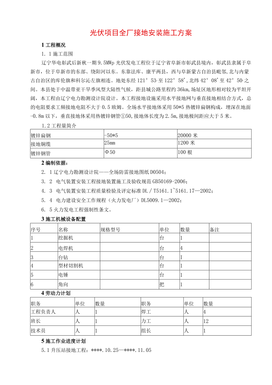 光伏项目全厂接地安装施工方案.docx_第1页