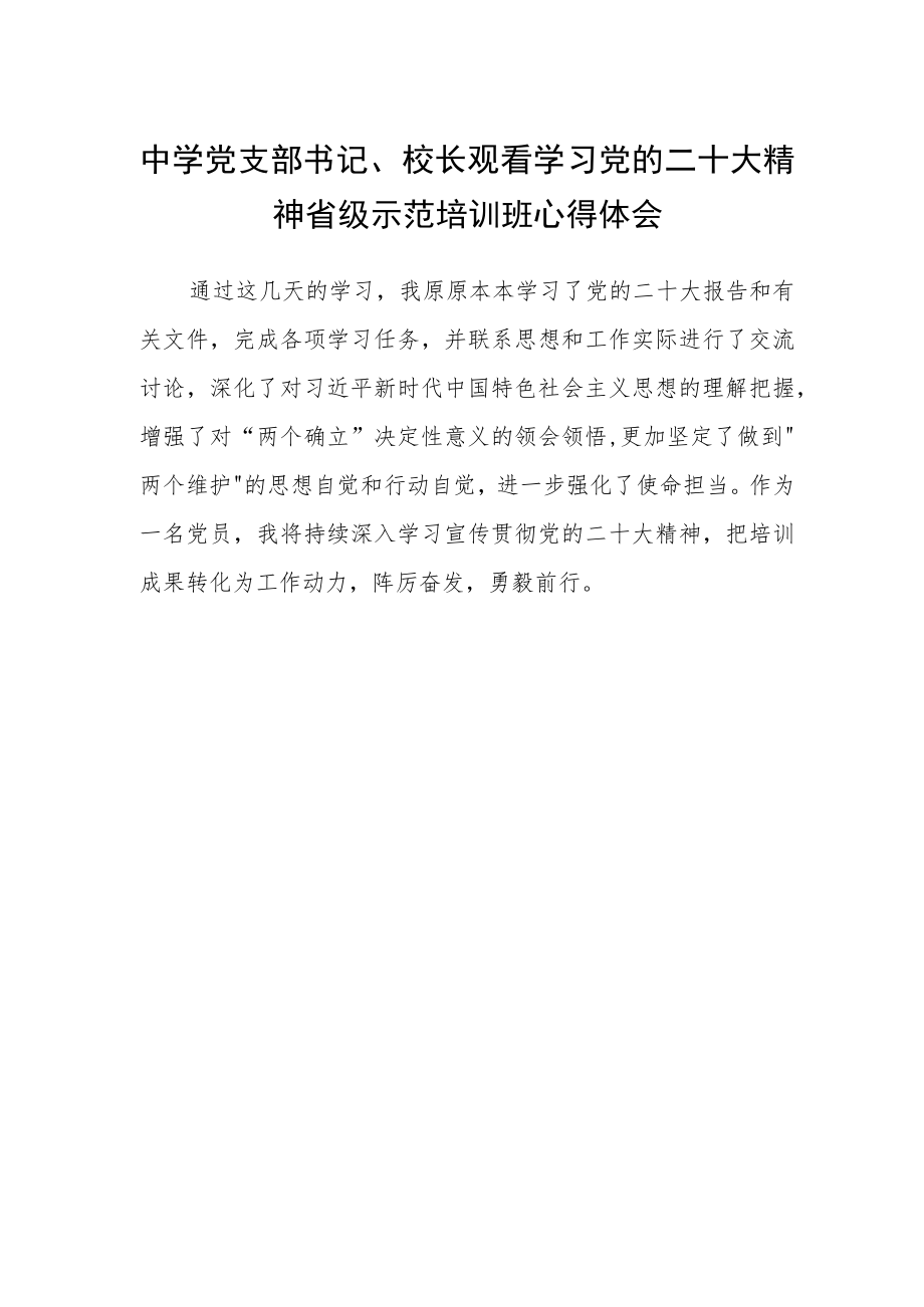 中学党支部书记、校长观看学习党的二十大精神省级示范培训班心得体会.docx_第1页