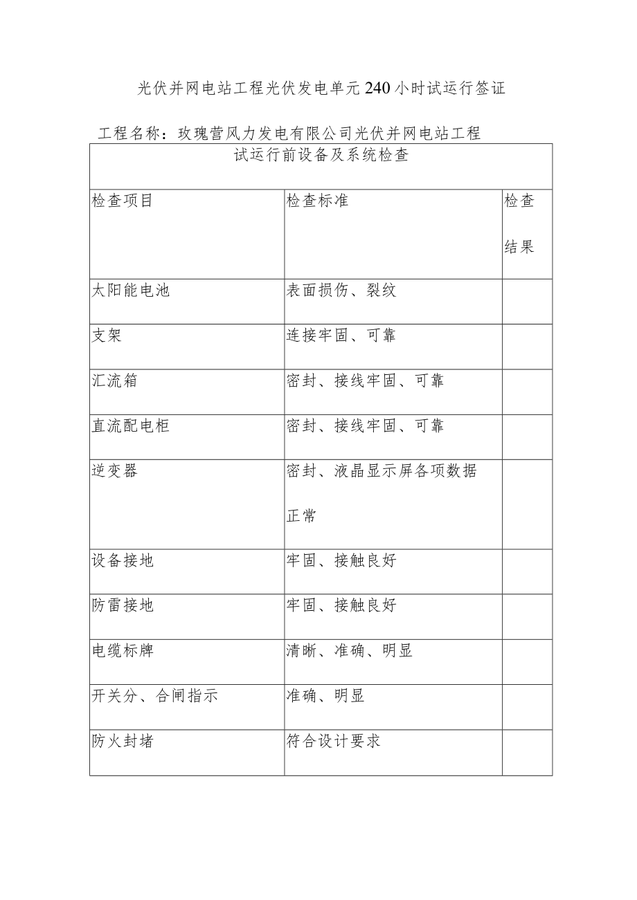 光伏并网电站工程光伏发电单元240小时试运行签证.docx_第1页