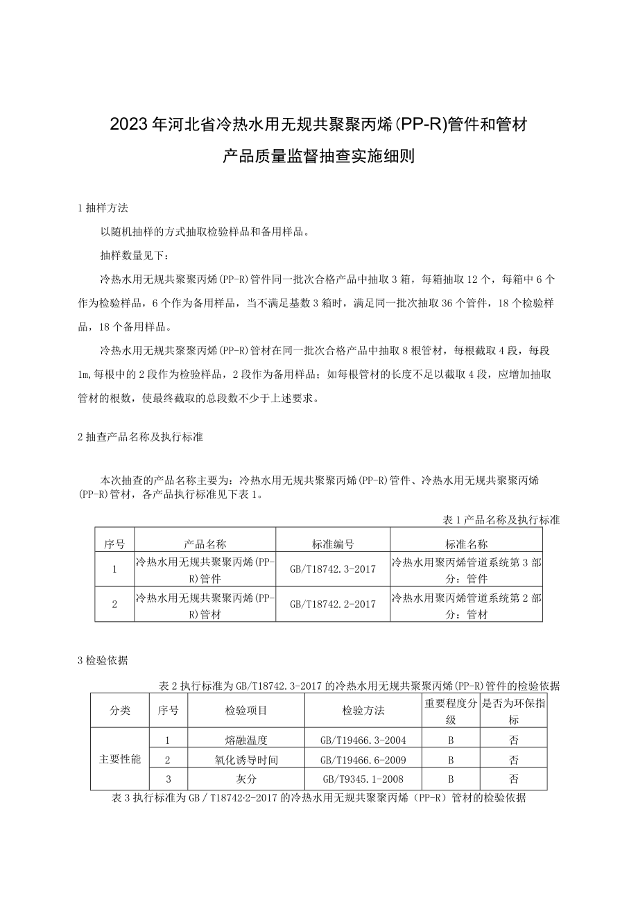 2023年河北省冷热水用无规共聚聚丙烯（PP-R）管件和管材产品质量监督抽查实施细则.docx_第1页