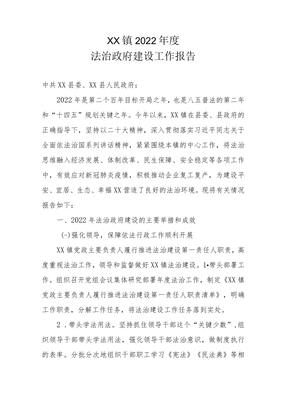 XX镇2022年度法治政府建设工作报告.docx_第1页