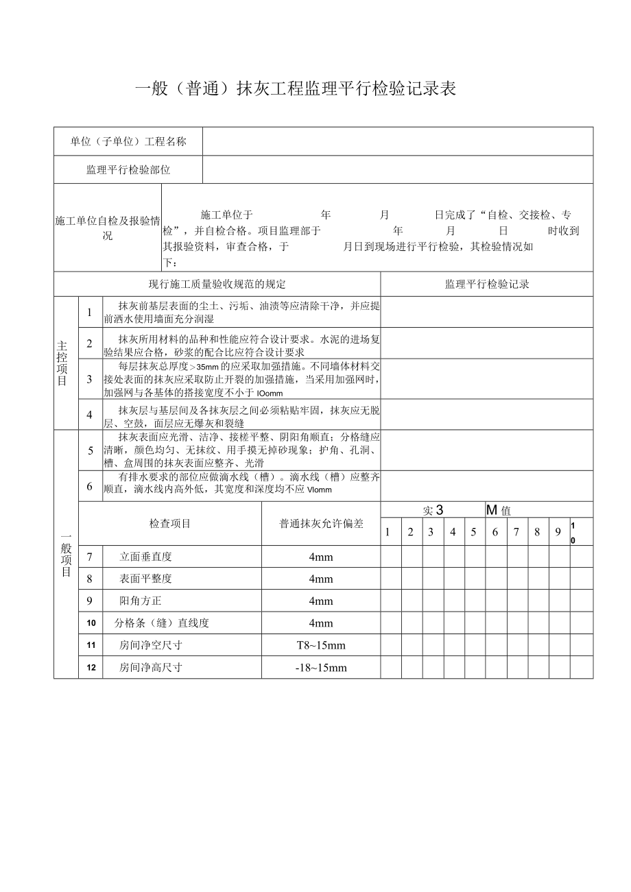 一般（普通）抹灰工程监理平行检验记录表.docx_第1页