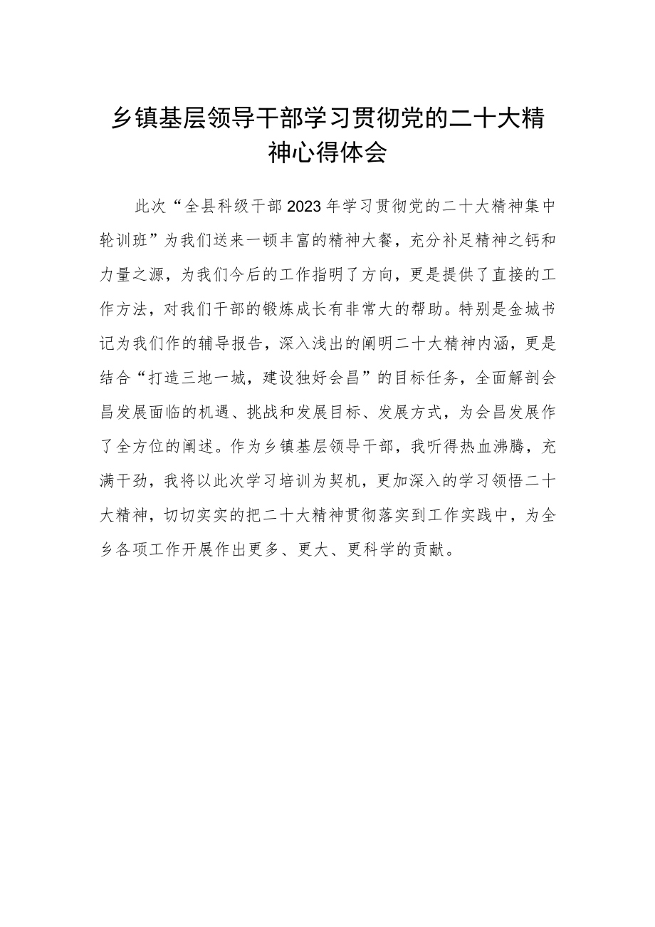 乡镇基层领导干部学习贯彻党的二十大精神心得体会.docx_第1页