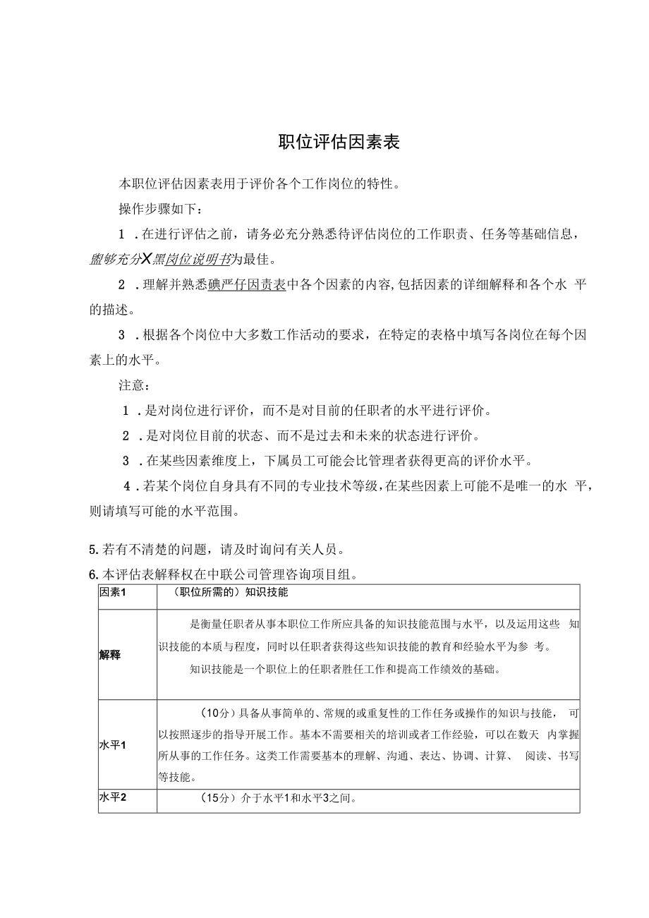 人力资源培训课件之职位评估因素表.docx_第1页