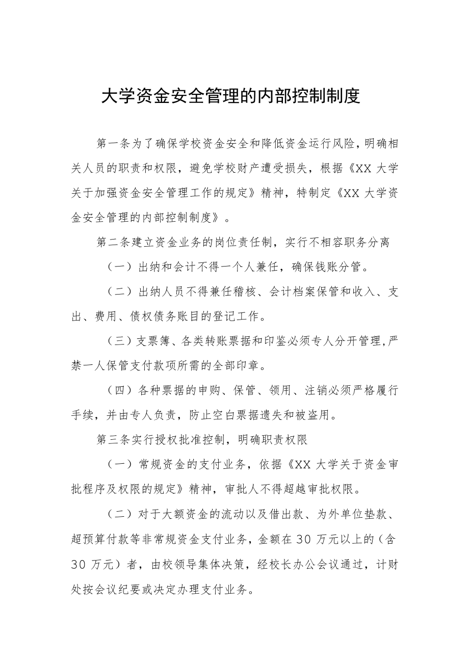 大学资金安全管理的内部控制制度.docx_第1页