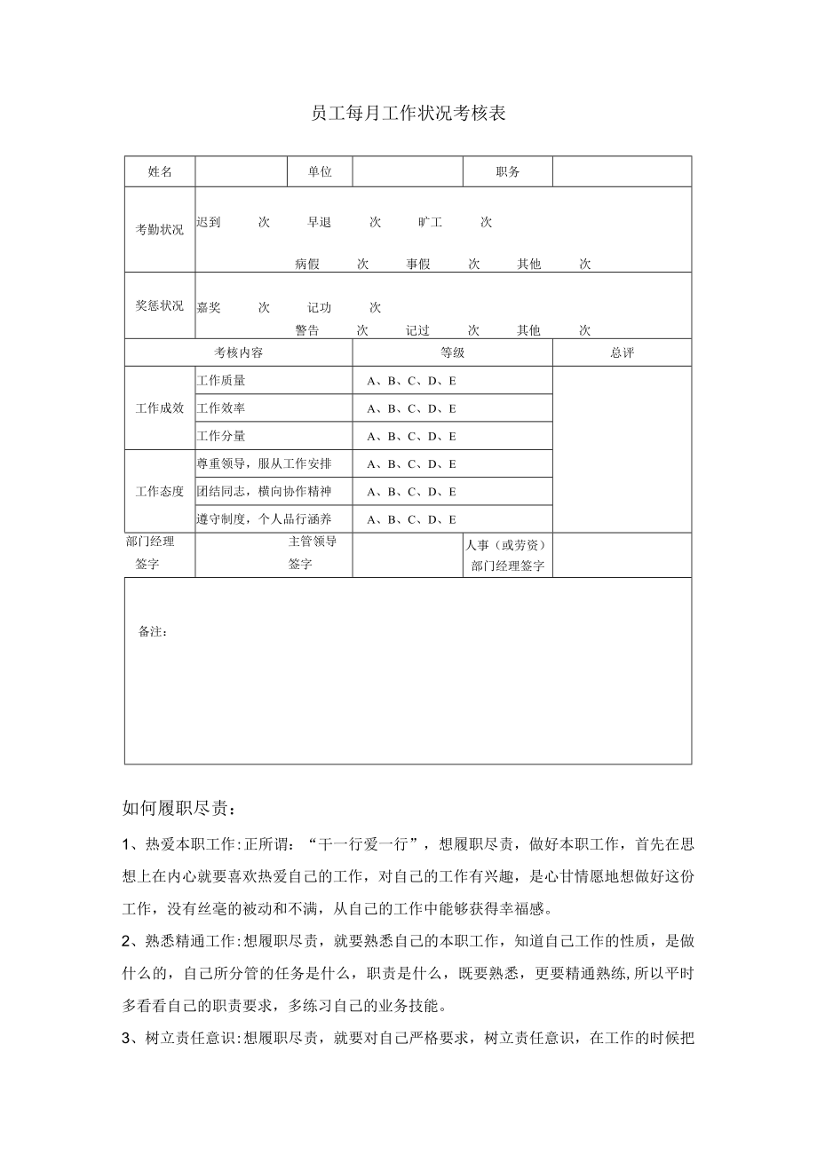 员工每月工作状况考核表样板.docx_第1页