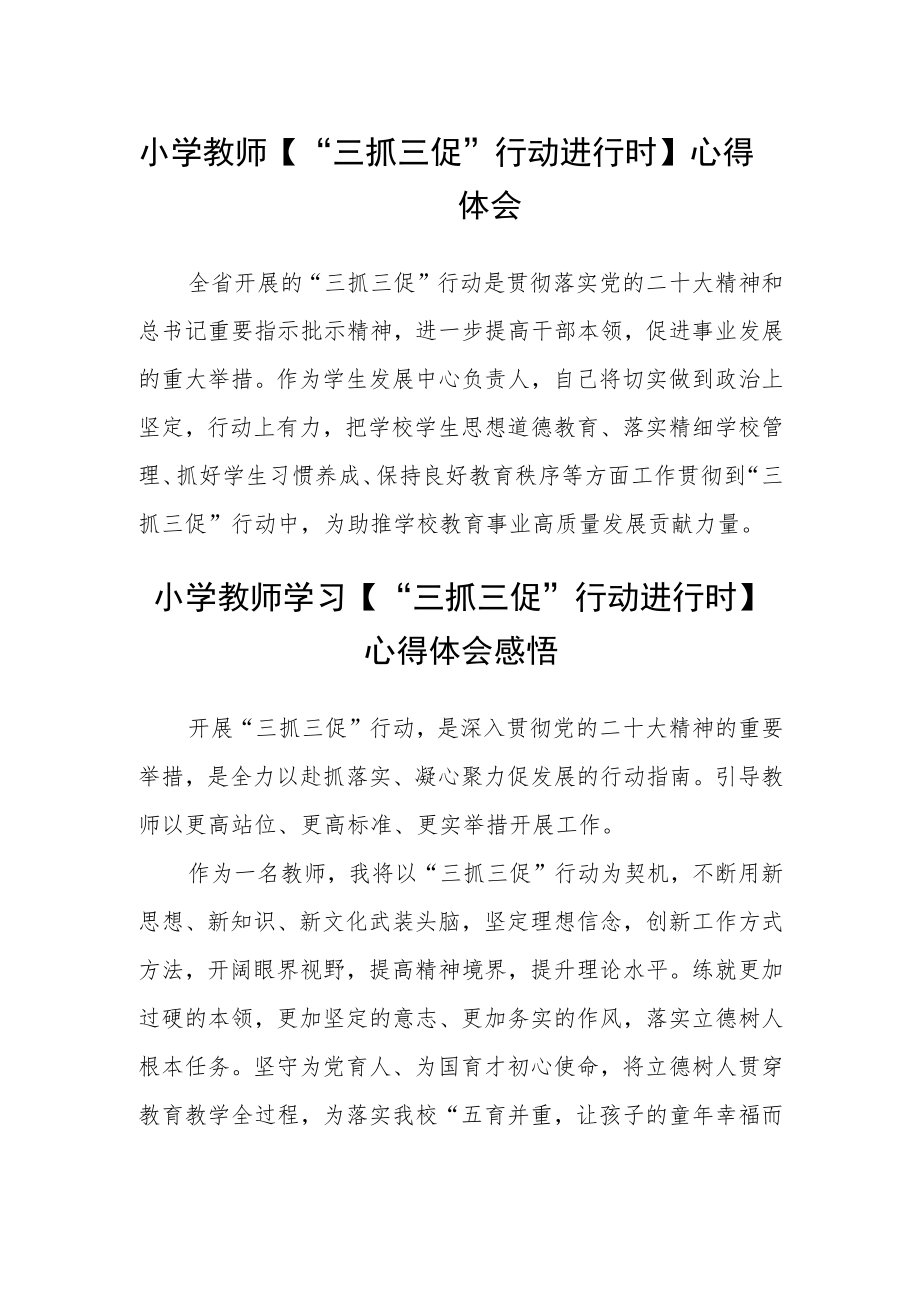 小学教师【“三抓三促”行动进行时】心得体会(精选三篇).docx_第1页