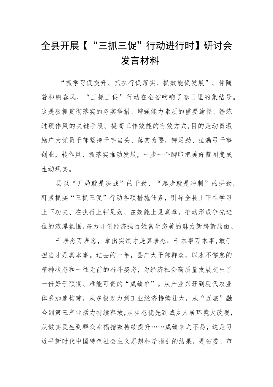 全县开展【“三抓三促”行动进行时】研讨会发言材料.docx_第1页