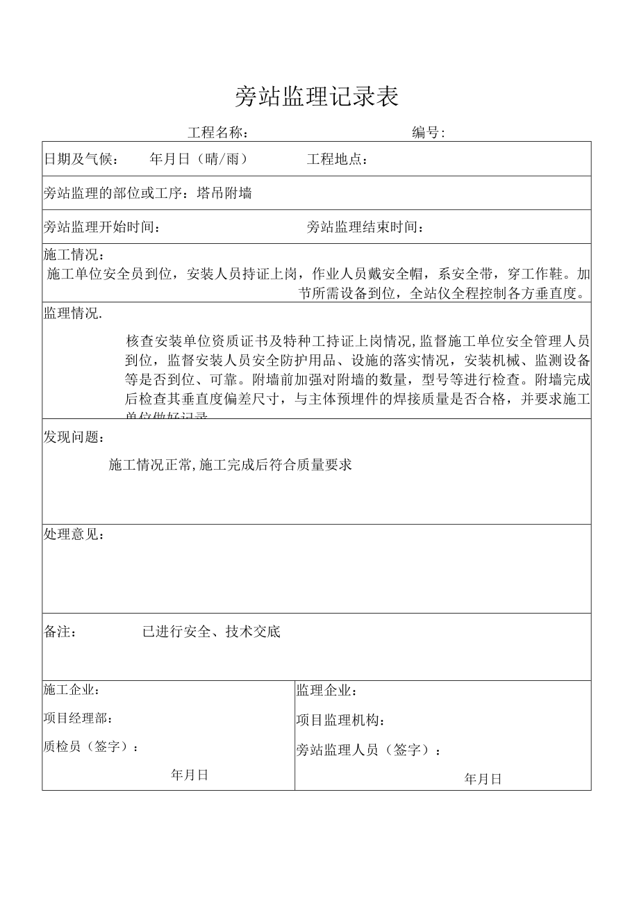 塔吊附墙安装监理旁站记录表.docx_第1页