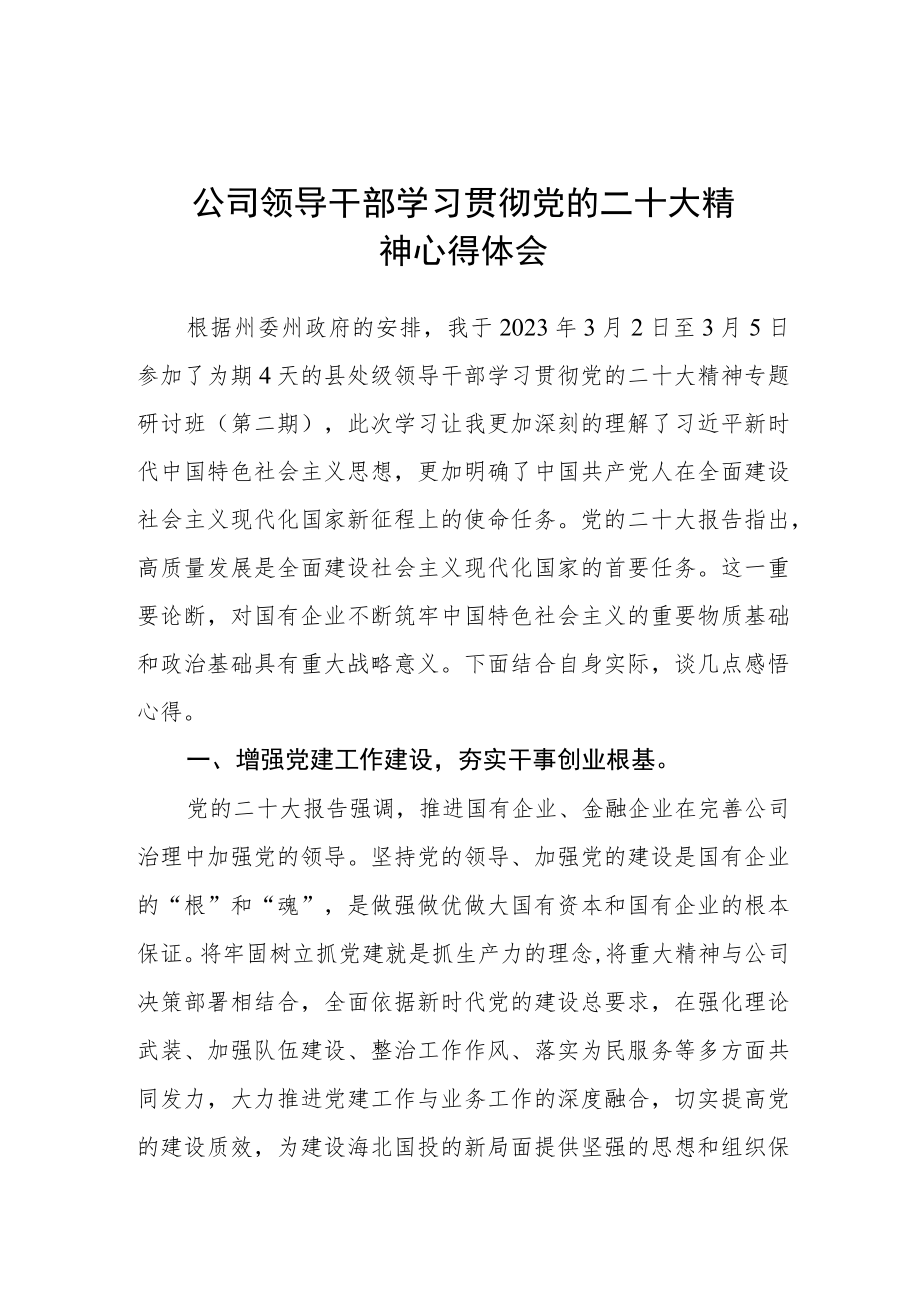 公司领导干部学习贯彻党的二十大精神心得体会.docx_第1页