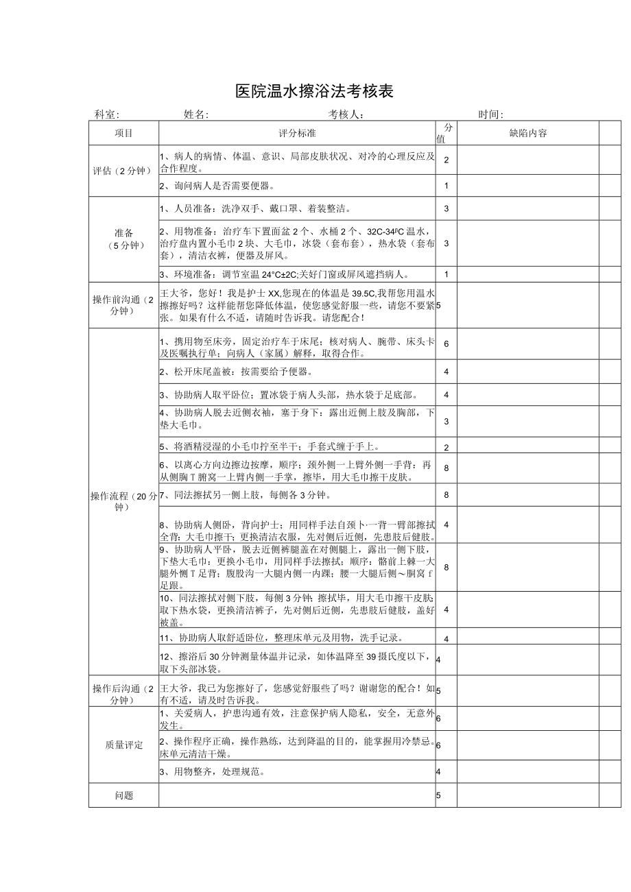 医院温水擦浴法考核表.docx_第1页