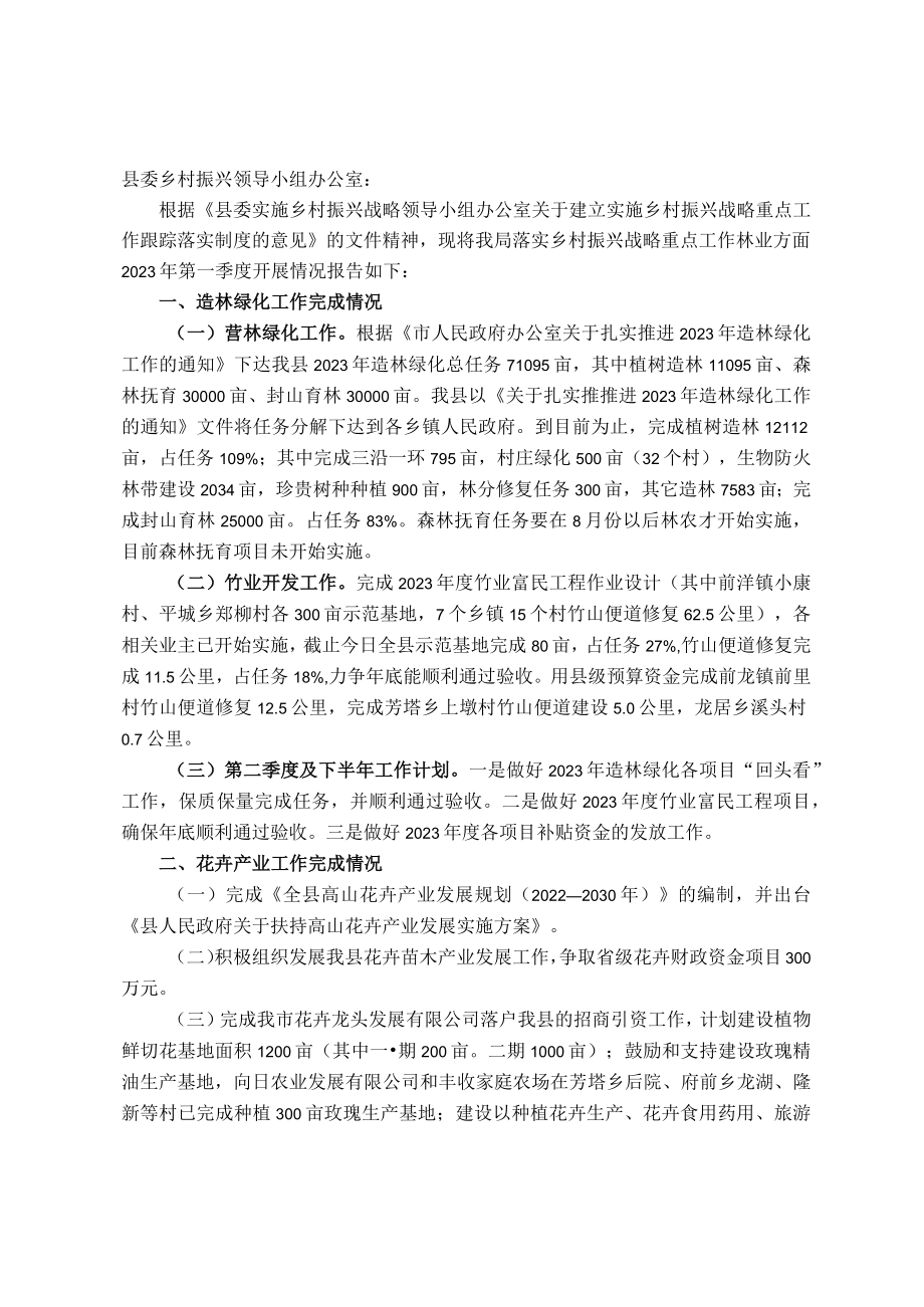 县林业局2023年第一季度实施乡村振兴战略工作情况报告.docx_第1页