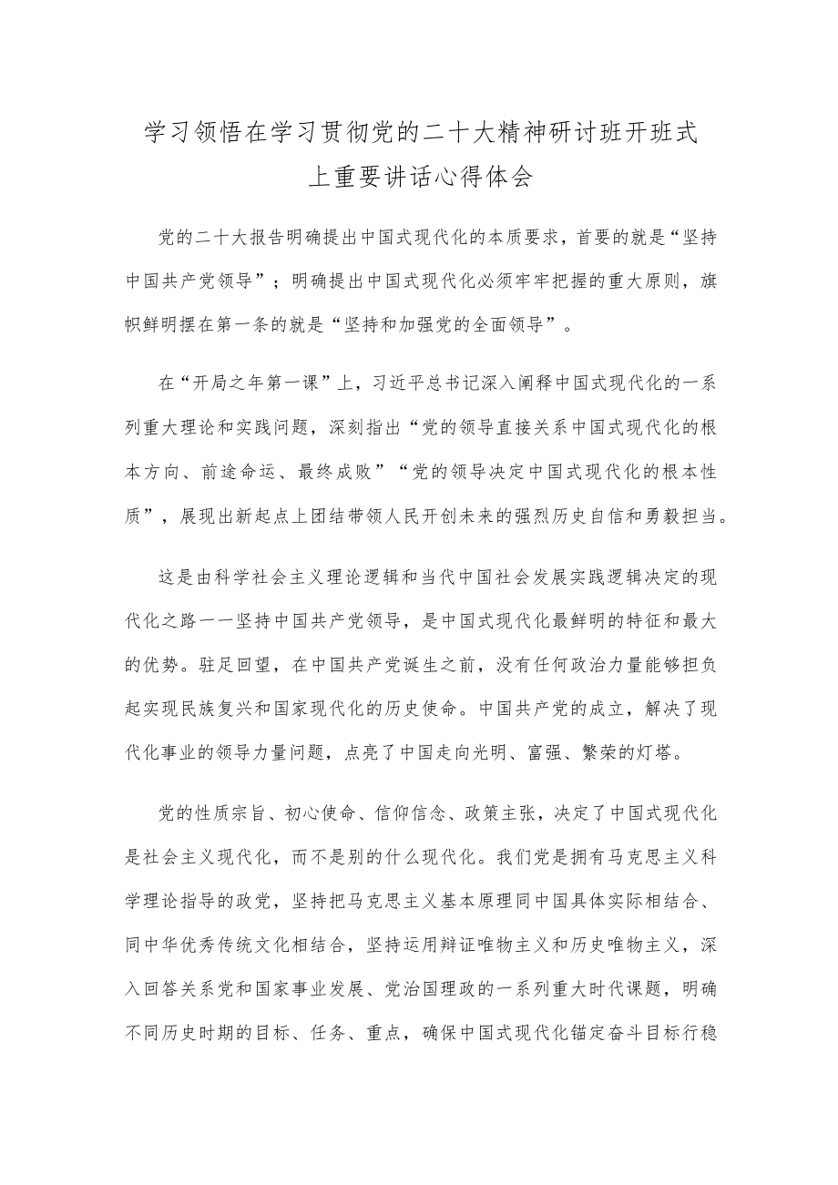 学习领悟在学习贯彻党的二十大精神研讨班开班式上重要讲话心得体会.docx_第1页