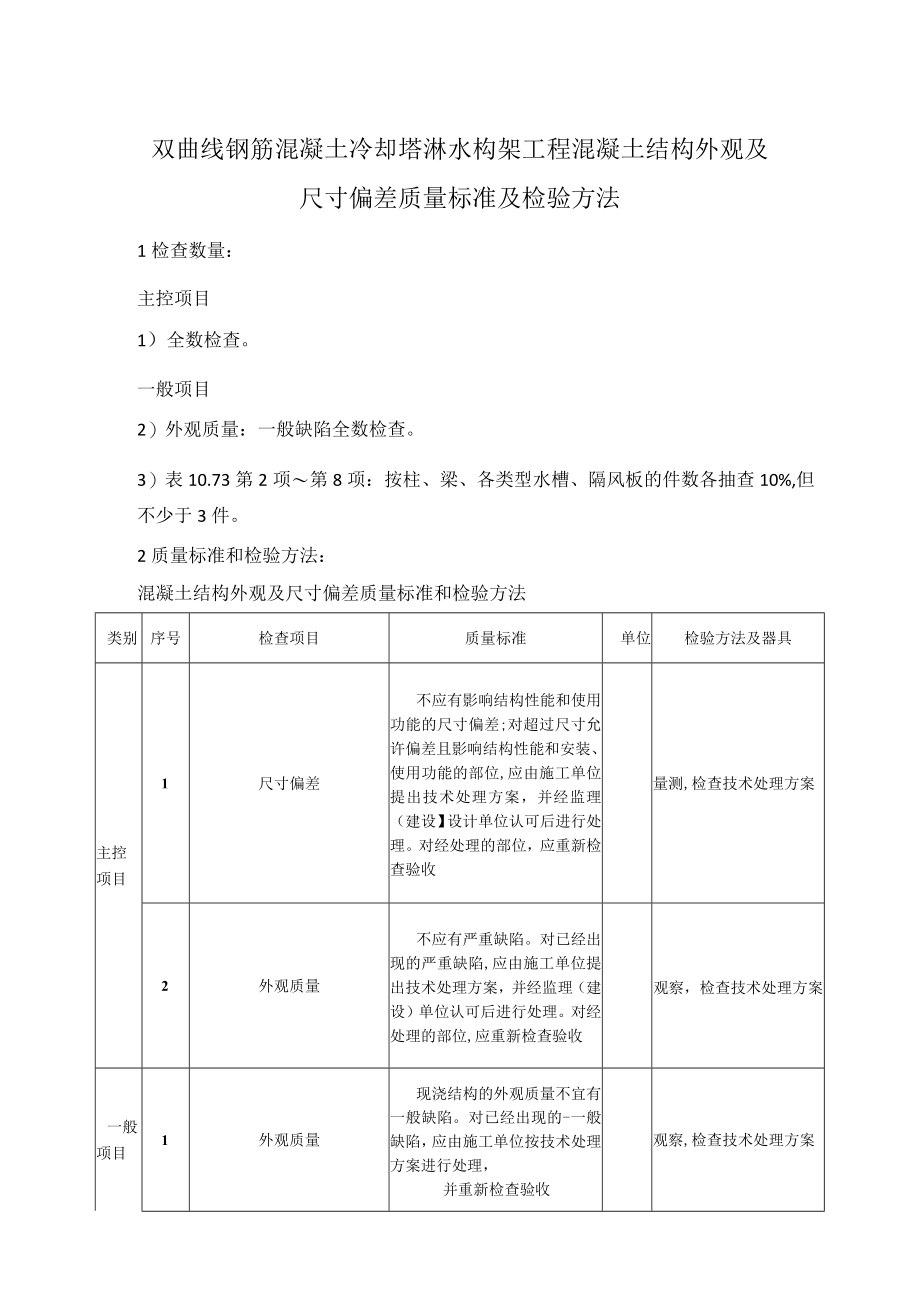 双曲线钢筋混凝土冷却塔淋水构架工程混凝土结构外观及尺寸偏差质量标准及检验方法.docx_第1页