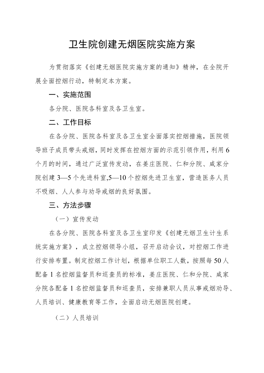 卫生院创建无烟医院实施方案.docx_第1页