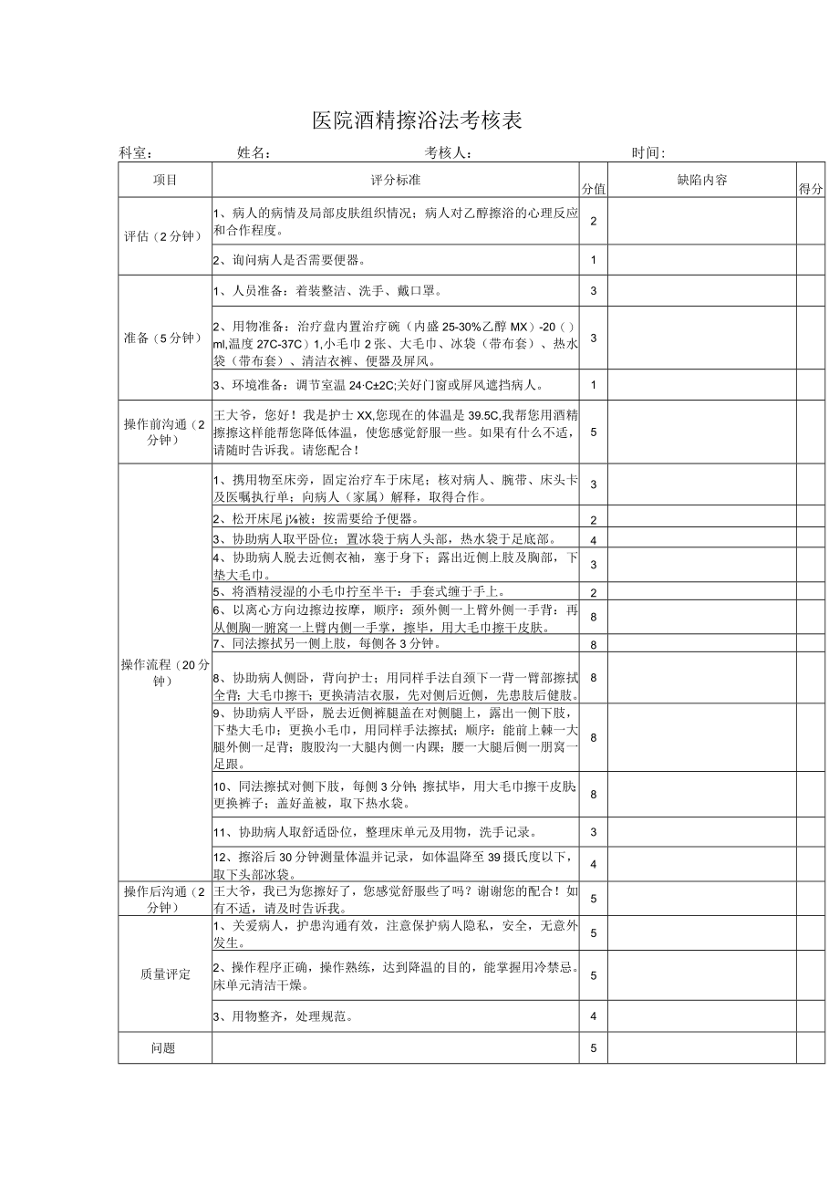 医院酒精擦浴法考核表.docx_第1页