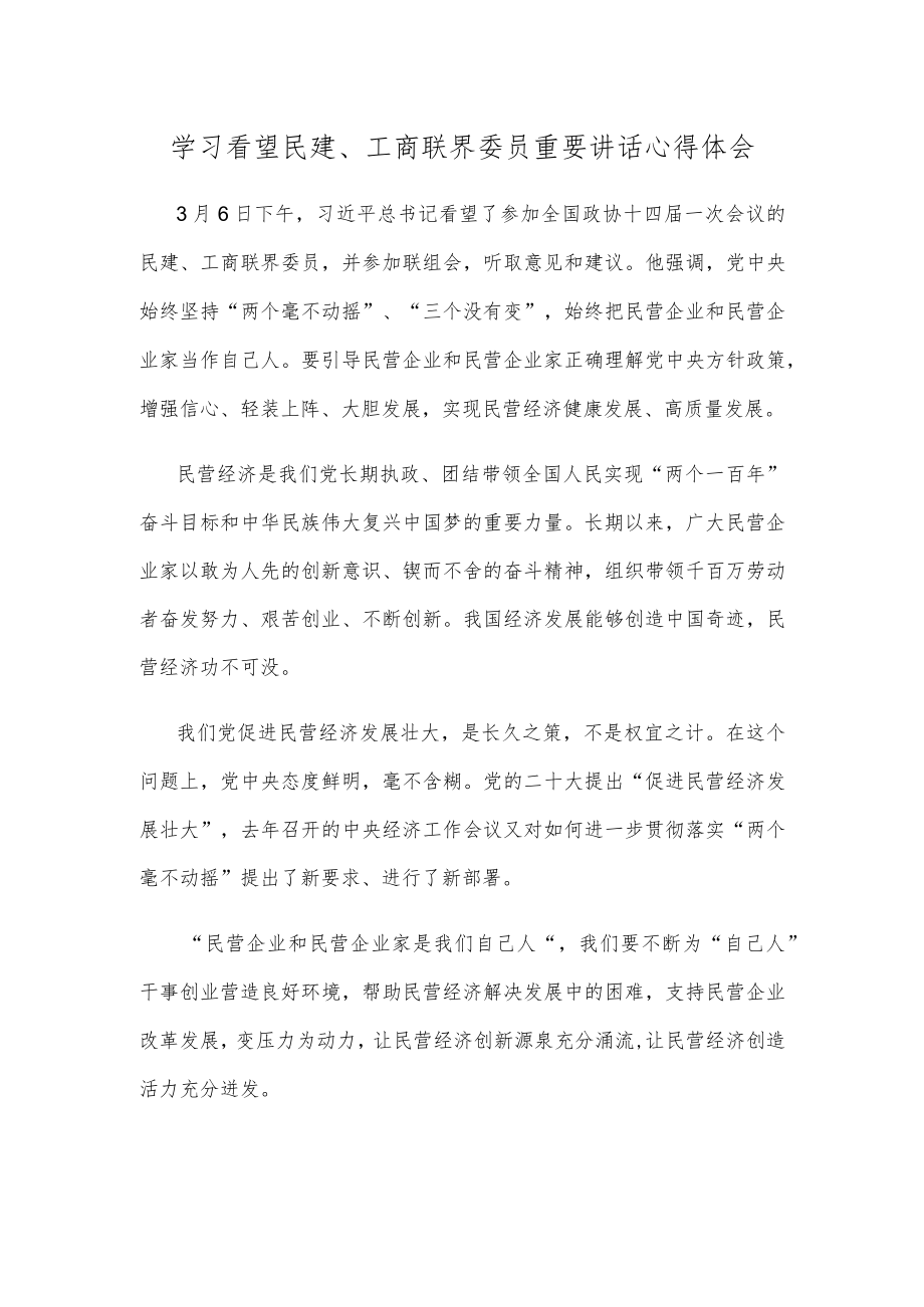 学习看望民建、工商联界委员重要讲话心得体会.docx_第1页