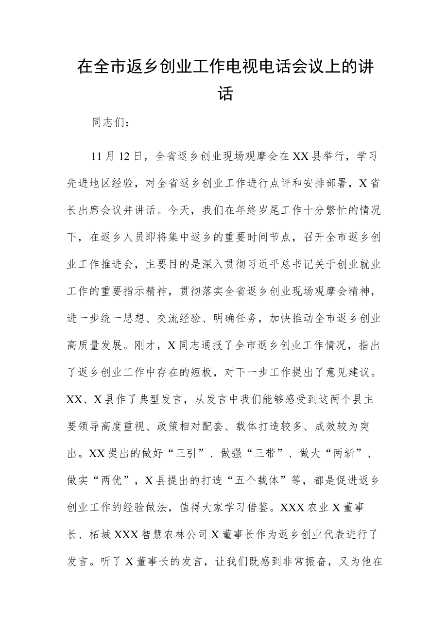 在全市返乡创业工作电视电话会议上的讲话.docx_第1页