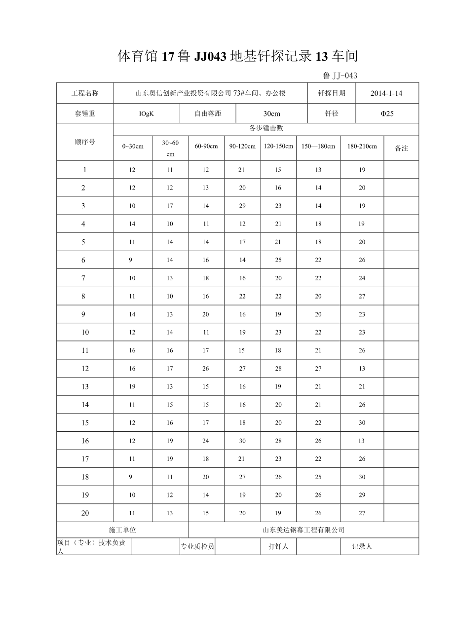 体育馆17鲁JJ043地基钎探记录13车间.docx_第1页