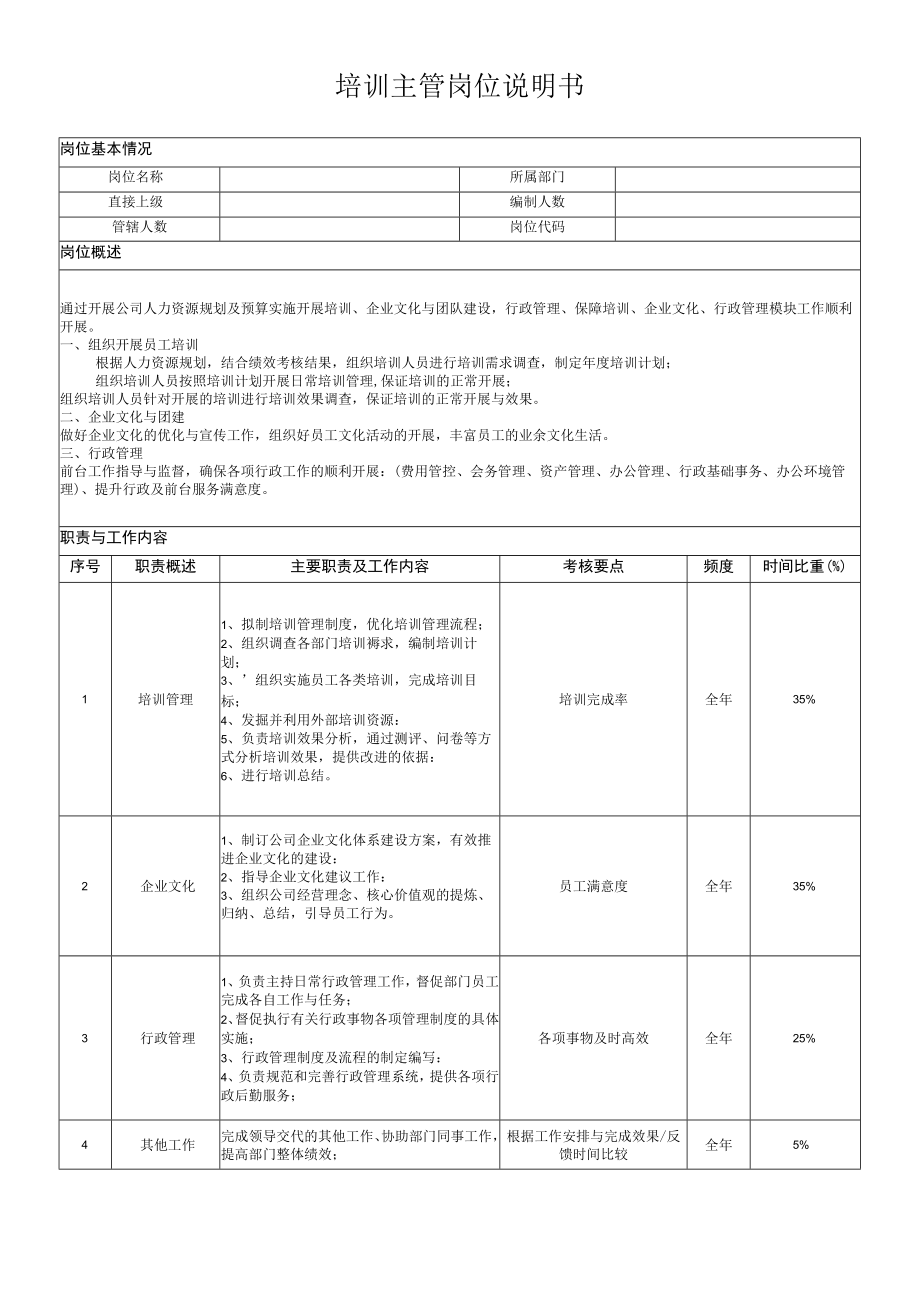 培训主管岗位说明书.docx_第1页