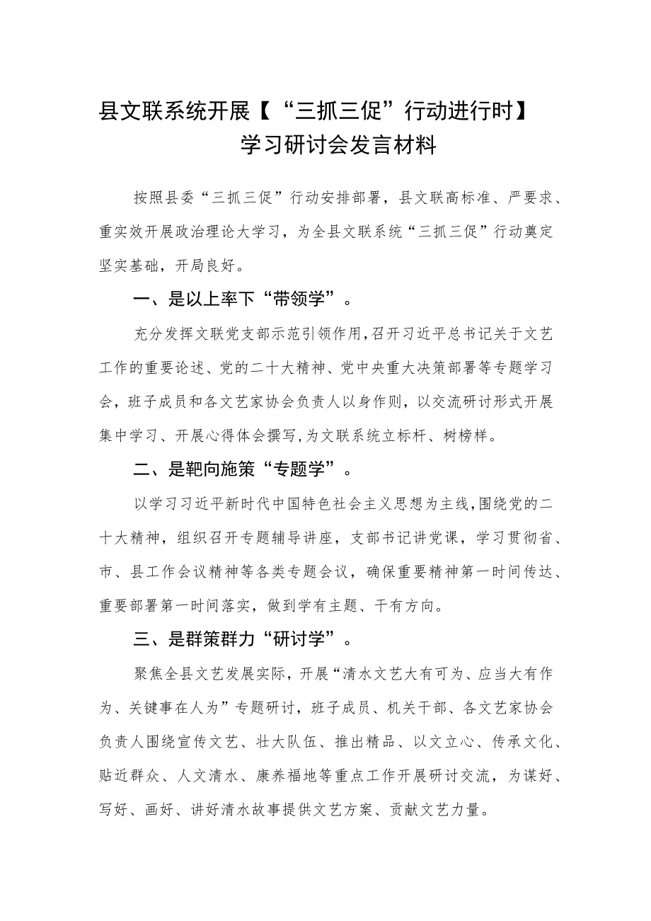 县文联系统开展【“三抓三促”行动进行时】学习研讨会发言材料.docx_第1页