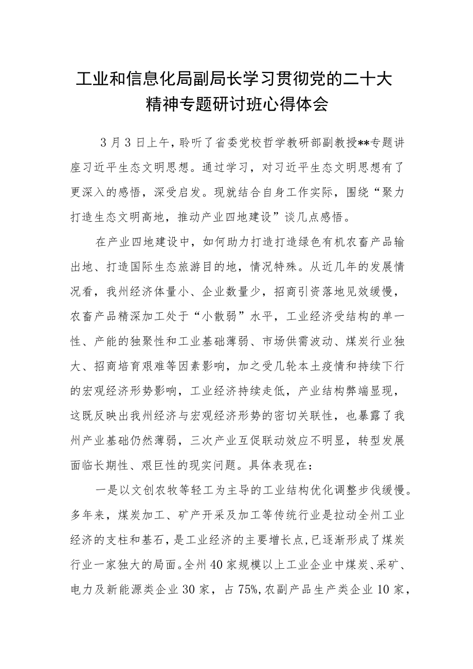 工业和信息化局副局长学习贯彻党的二十大精神专题研讨班心得体会.docx_第1页