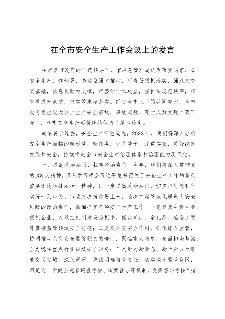 在全市安全生产工作会议上的发言.docx_第1页