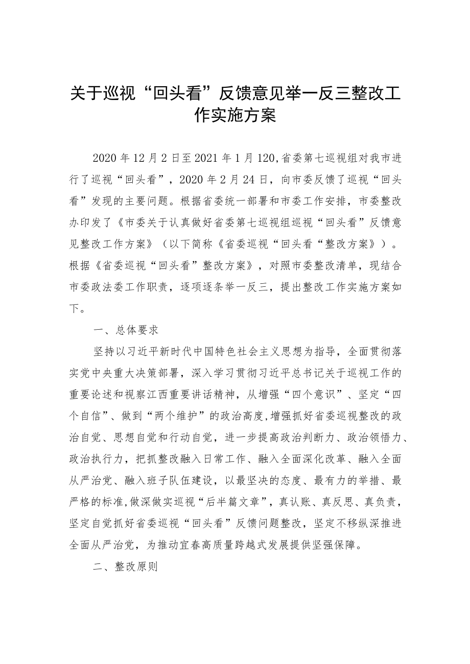 关于落实巡视组巡视“回头看”反馈意见举一反三整改工作实施方案.docx_第1页