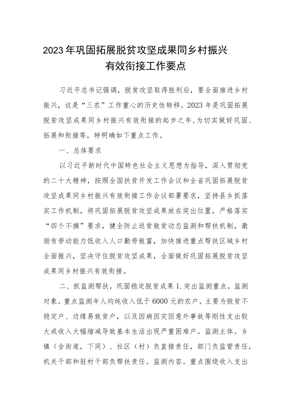 2023年巩固拓展脱贫攻坚成果同乡村振兴有效衔接工作要点.docx_第1页