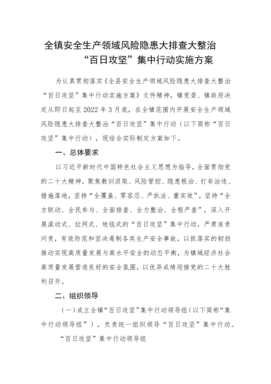 全镇安全生产领域风险隐患大排查大整治 “百日攻坚”集中行动实施方案.docx_第1页