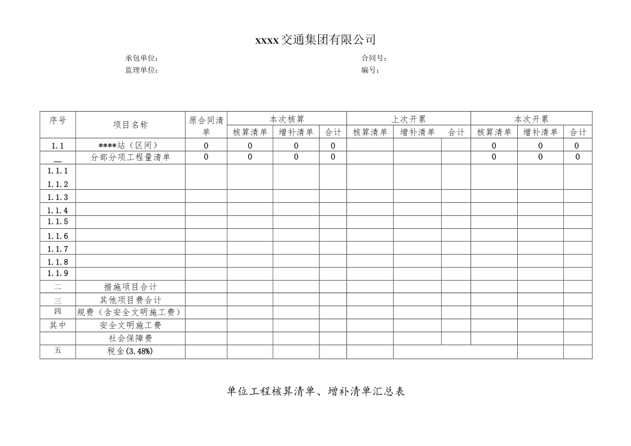 单位工程核算清单、增补清单汇总表.docx_第1页