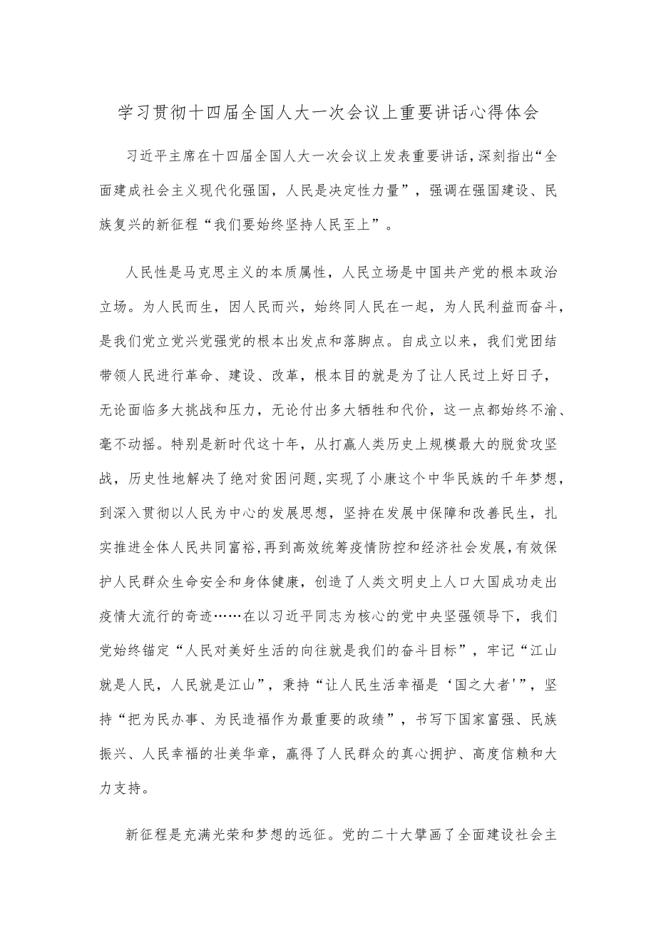 学习贯彻十四届全国人大一次会议上重要讲话心得体会.docx_第1页